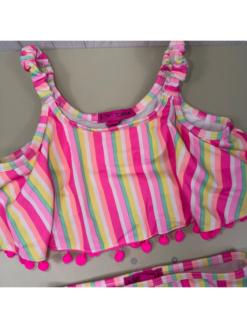 Betsey Johnson Girls Size 12 Two Piece Swimsuit Pink Rainbow Stripe Pom Pom
